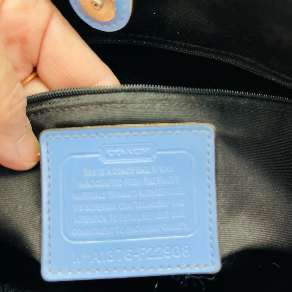 Coach Signature Canvas Satchel in Gray with Blue and Cream Stripes